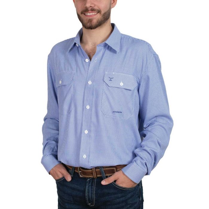 Just Country Evan Bamboo Blend Workshirt - Full Button - Blue Houndstooth